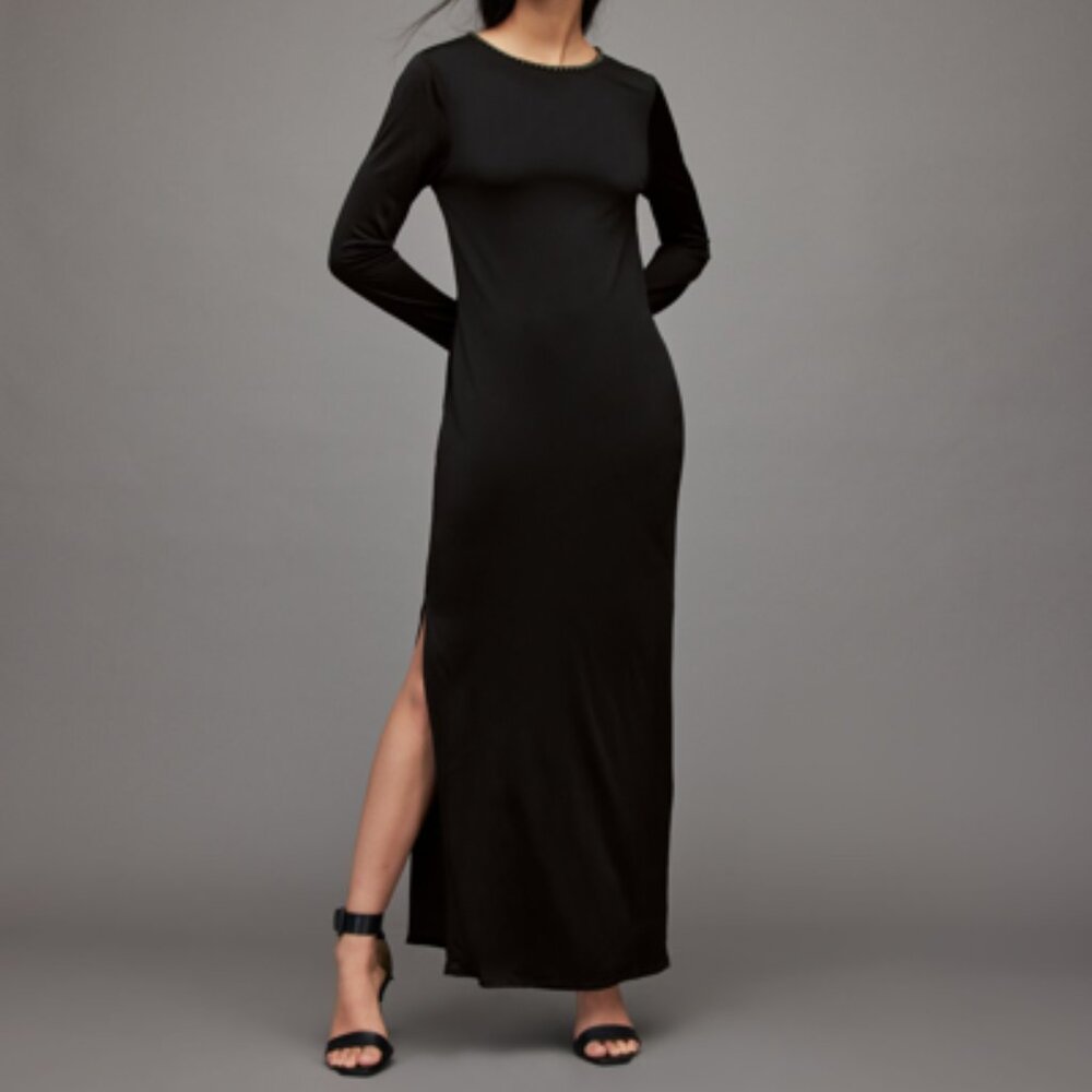AllSaints Nyx Embellished Neck Long Sleeve Maxi Dress in Black NWOT